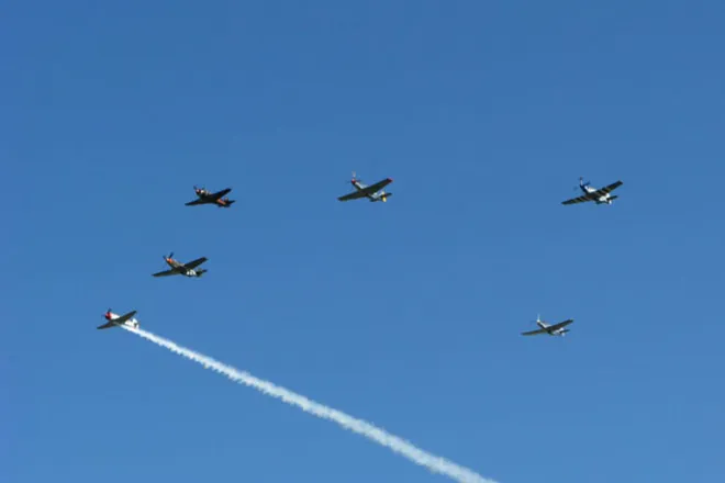 Vintage warplanes in formation during the Petaluma Veterans Day flyover
