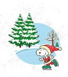 Snoopy in a Santa suit ice skating by snowy Christmas trees