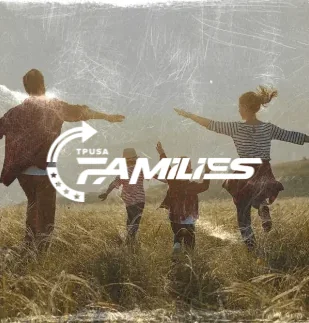 TPUSA Families logo over a family running through a field